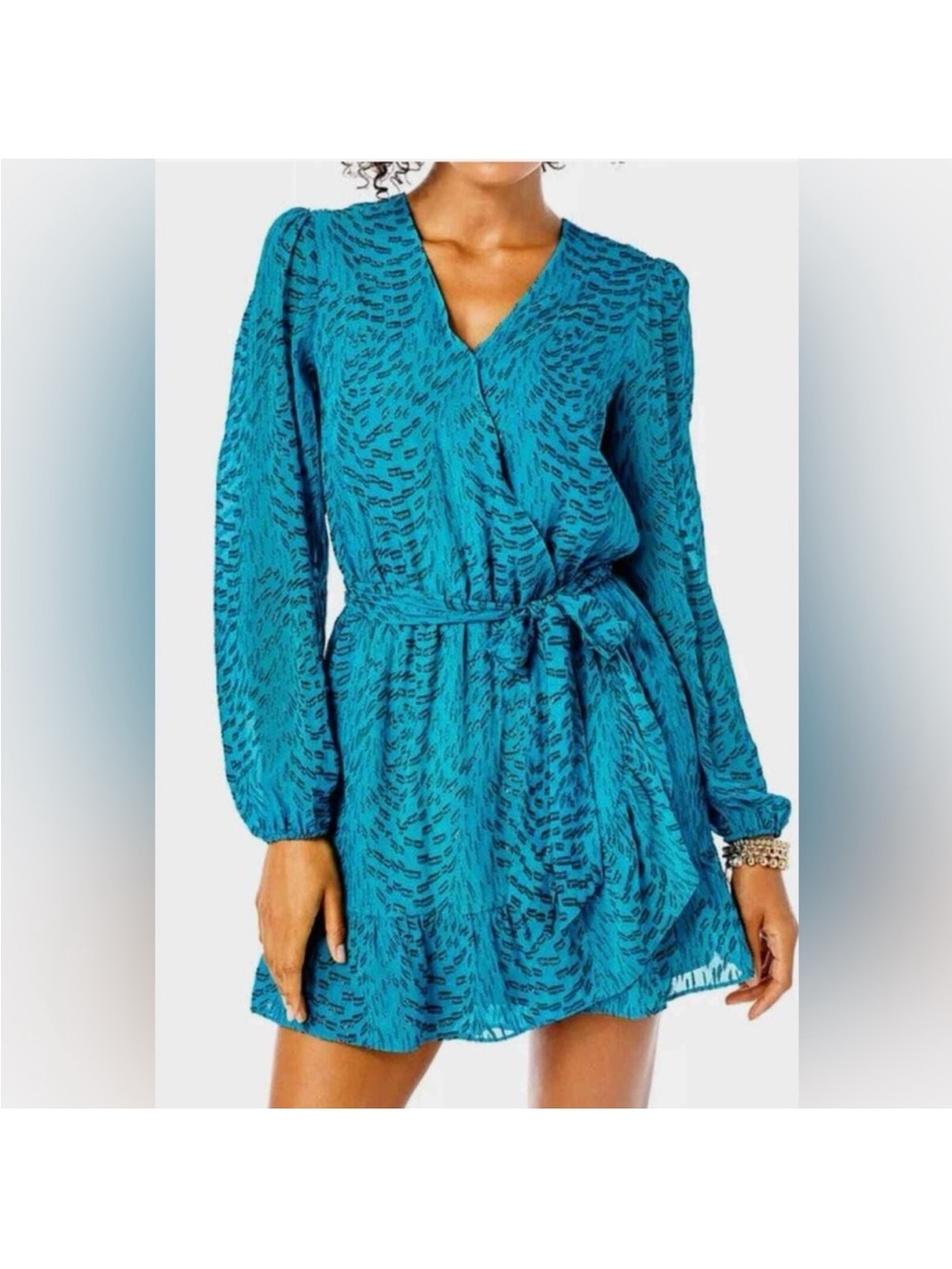 Lilly Pulitzer Teal Printed Long Sleeve Wrap Dress with Self Tie
